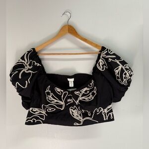 H and M Black Puff Sleeve Embroidered Top